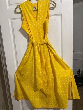 Anne Klein Yellow Polka Dot Midi Tie-Waist Dress